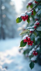 Red berries on holly leaves scattered across a snowy winter landscape, snowy winter scene, bright red berries