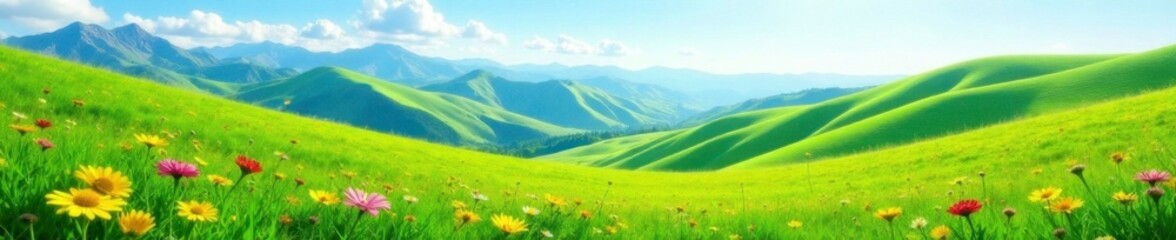 Obraz premium Rolling hills of emerald green with wildflowers, alps, flowers