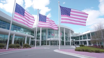 Fototapeta premium Modern building entrance, American flags, sunny day, landscaped grounds, corporate setting, stock photo