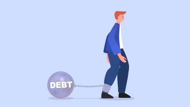 2d animation of businessman walking with heavy stone, debt or tax concept