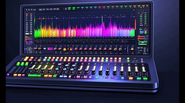 Audio Equalizer Display with Vibrant Color Bars in a Dark Studio Setting