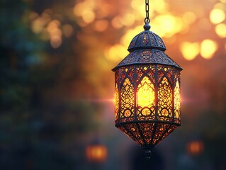 Illuminated Ornate Lantern Hanging Against A Dusk Background