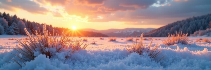Snowy blades of grass stretch towards the sky, sunrise, natural, winter