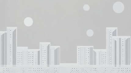 Fototapeta premium minimalist cityscape illustration featuring geometric buildings in monochromatic palette of white and gray, with circular shapes resembling moons or planets in background