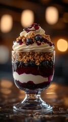 Layered Yogurt Dessert With Blueberry Sauce and Cookie Crumbs in Elegant Glass. Generative AI