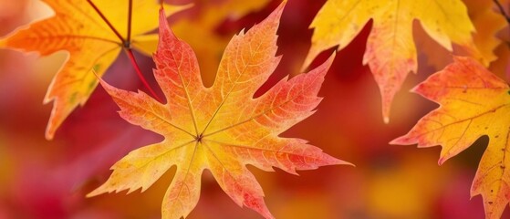 A vibrant fall background with a close-up of maple leaves in shades of red, orange, and yellow, with a soft bokeh effect in the background