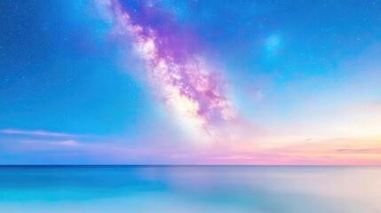 Obraz premium Tranquil ocean sunset with vibrant Milky Way, perfect for travel posters