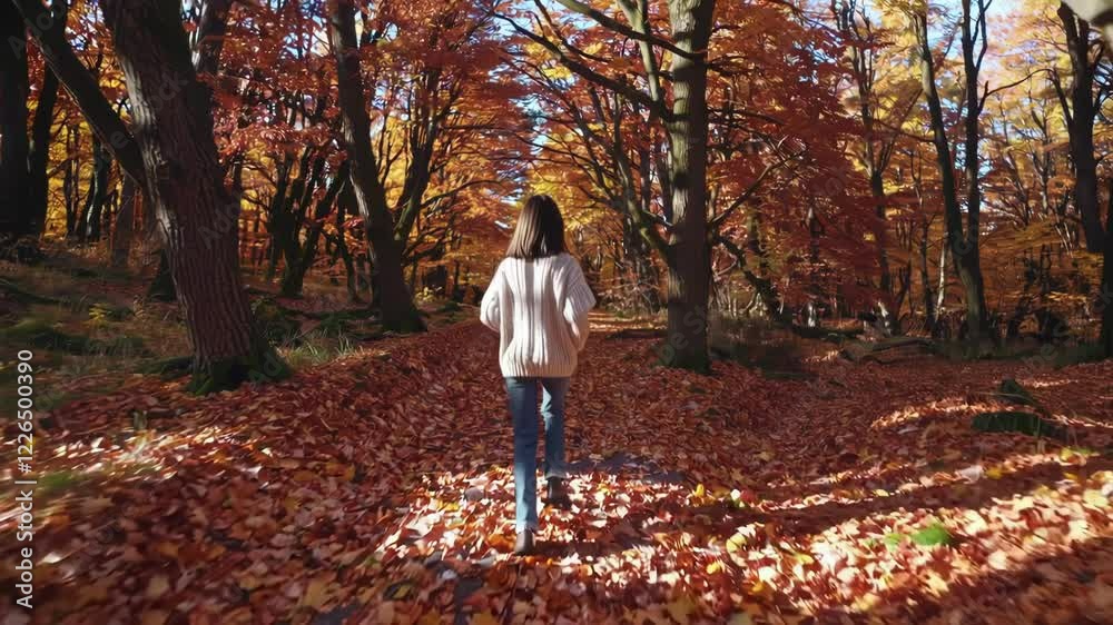 Poster a person walking slowly down a path covered in vibrant orange and red leaves. smooth, calm camera mo