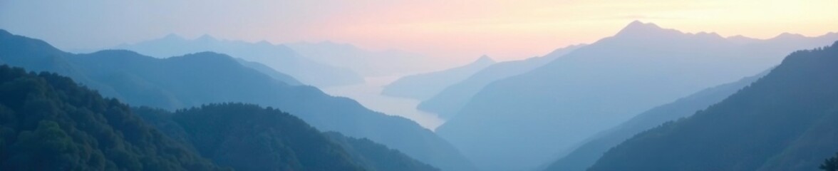 Obraz premium Soft focus mountains in misty atmosphere with calming sky tone, calm, serene