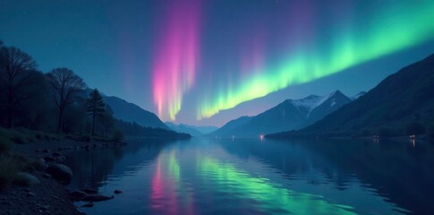 Naklejka premium Softly glowing aurora borealis above the peaceful river valley, peaceful, water, softly