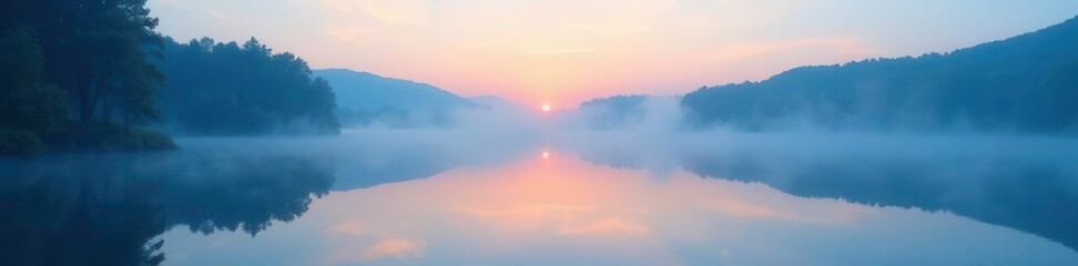 Softly glowing blue mist rises from a serene lake at dawn, blue mist, , morning serenity