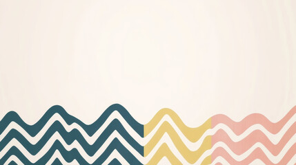 Minimalist wavy chevron pattern in blue, yellow, and pink on beige background, creating clean and modern abstract design