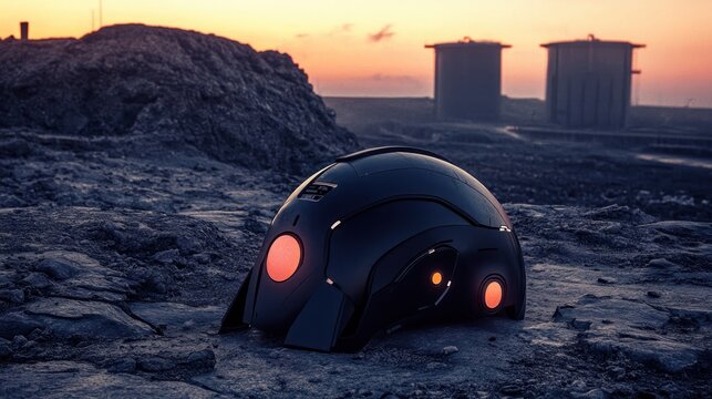 Futuristic robot helmet rests on desolate landscape at sunset.