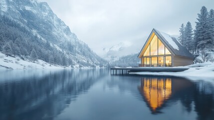 Fototapeta premium Modern A-frame cabin on snowy lake at dusk.