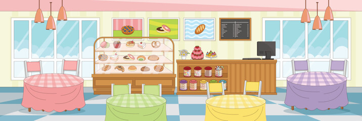 Cute and nice design of cafe bakery with furniture and interior objects vector design