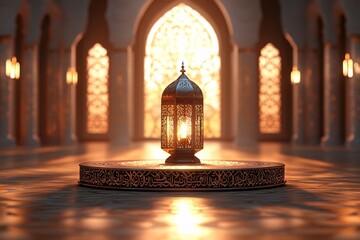 Illuminated Lantern Rests on Ornate Base in Mosque Setting