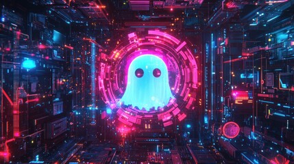 Neon ghost in futuristic digital circuit.