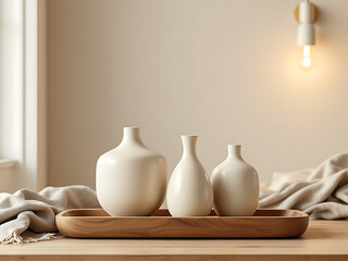 Minimalist Home Decor: Elegant White Vases on a Wooden Tray
