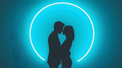 Romantic Silhouette of Couple Under Neon Light Circle Background
