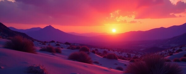 Soft orange hues fade into deep purple as desert sun dips behind mountains, dusk, purple, orange