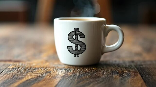 Steaming Coffee Cup with Dollar Sign on Rustic Wooden Table Business Finance Concept