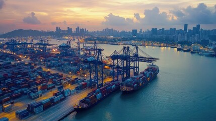 Naklejka premium Aerial view of a busy port at dusk with cargo ships and stacked containers