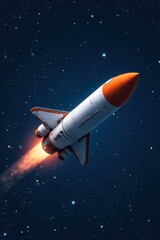 Spacecraft with orange fuselage and white accents against starry night sky, white, night