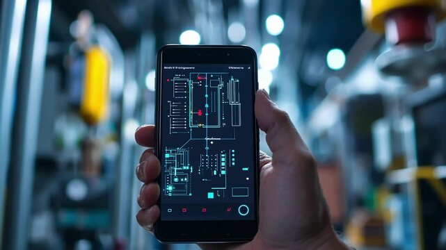 Supervisor holding smartphone with holographic augmented reality interface, monitoring factory production and showcasing innovative technology in industrial manufacturing