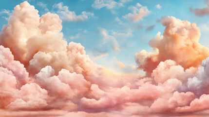 Dreamy pastel clouds float gently across vibrant blue sky, creating serene and ethereal atmosphere reminiscent of watercolor painting