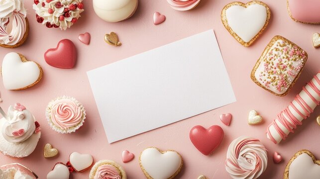 Valentine mockup card elements design. Assorted Valentine's Day Sweets Arranged Around Blank White Card for Message Presentation.