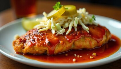 Spicy sauce covering a juicy chicken breast with creamy coleslaw and crunchy pickles, juicy, coleslaw