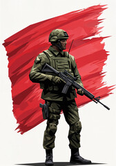 Obraz premium modern soldier against the background of the red flag of victory . Generative AI