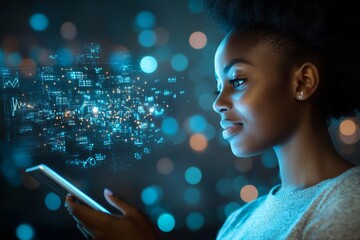 Young Woman Using Smartphone with Digital Data Visualization