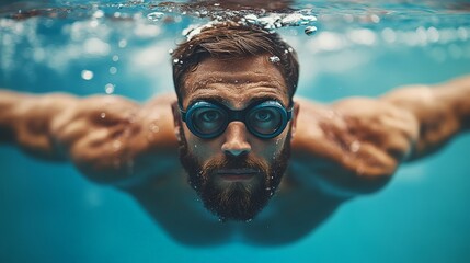 Fototapeta premium Professional swimmer mid-butterfly stroke in a pool. Energetic and dynamic image suitable for sportswear, competitions, or fitness promotions.