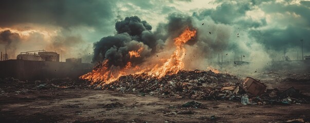 A raging fire blazes through a large garbage dump, sending thick smoke and bright flames soaring.