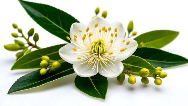 Myrtle flower beautiful photography Myrtus flower isolated Nature's beauty white blossom Close-Up Myrtus flowering twig and leaves Myrtle flower White Petals, Yellow Center and Green Leaves