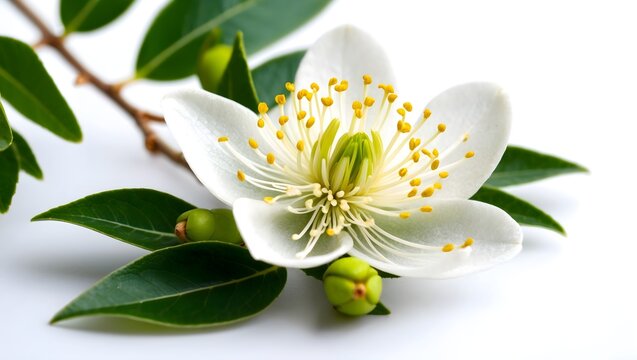 Myrtle flower beautiful photography Myrtus flower isolated Nature's beauty white blossom Close-Up Myrtus flowering twig and leaves Myrtle flower White Petals, Yellow Center and Green Leaves