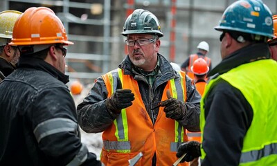 Construction workers in safety gear discussing project details at a busy construction site