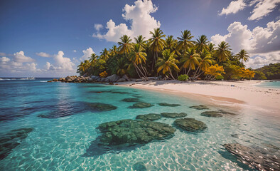 A beautiful beach with palm trees and a clear blue ocean. The water is calm and the sky is clear