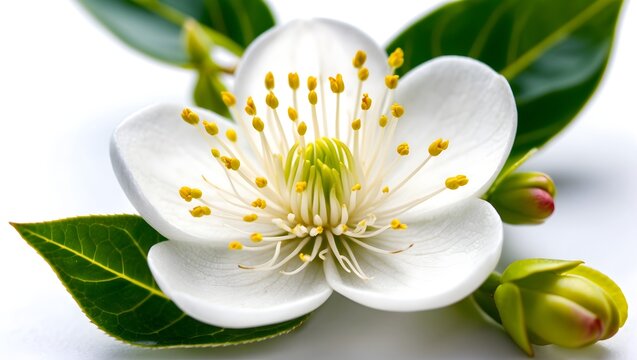 Myrtle flower beautiful photography Myrtus flower isolated Nature's beauty white blossom Close-Up Myrtus flowering twig and leaves Myrtle flower White Petals, Yellow Center and Green Leaves