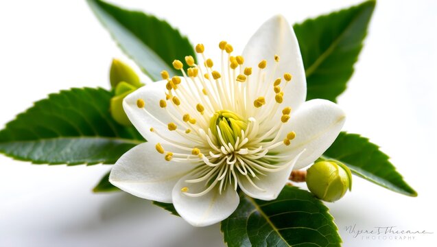 Myrtle flower beautiful photography Myrtus flower isolated Nature's beauty white blossom Close-Up Myrtus flowering twig and leaves Myrtle flower White Petals, Yellow Center and Green Leaves