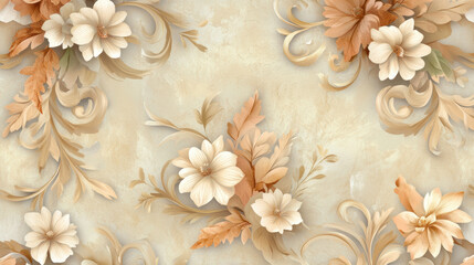 Elegant floral pattern with beige and cream tones, featuring swirling leaves and delicate flowers on textured background, evoking soft and vintage aesthetic