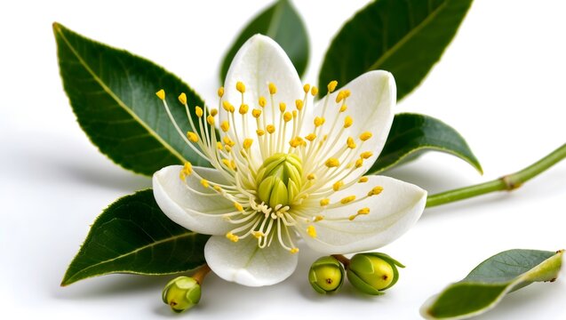 Myrtle flower beautiful photography Myrtus flower isolated Nature's beauty white blossom Close-Up Myrtus flowering twig and leaves Myrtle flower White Petals, Yellow Center and Green Leaves