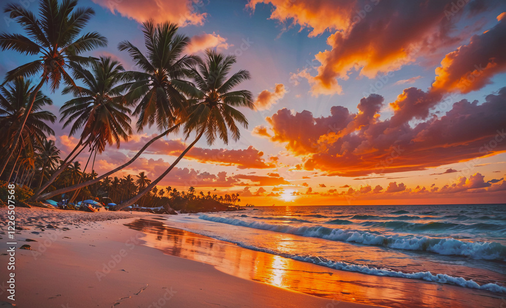 Aufkleber a beautiful sunset over the ocean with palm trees in the background. the sky is filled with clouds, 