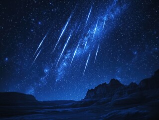 Night sky with shooting stars over a rocky landscape in deep blue tones and a starry background