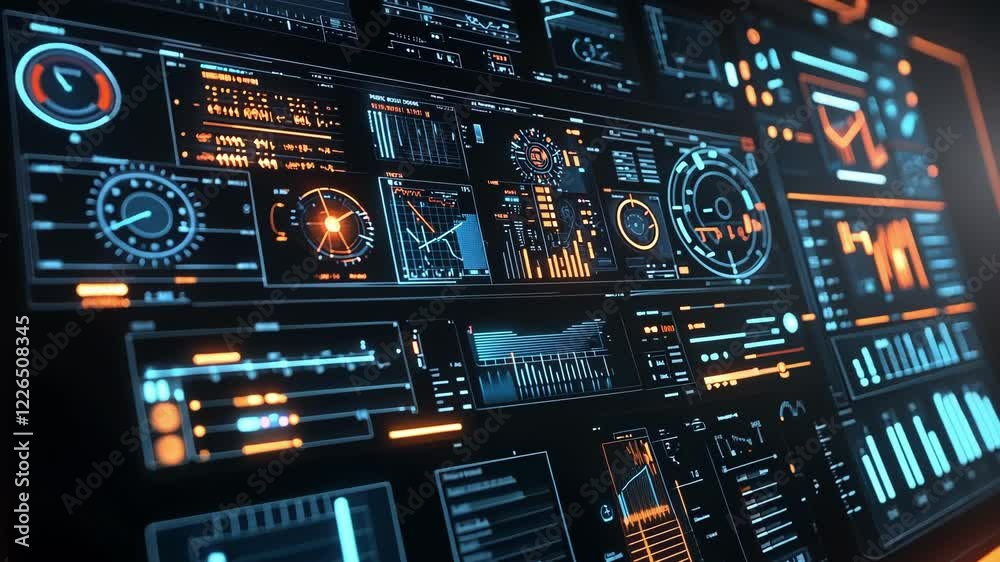 Poster futuristic control panel displaying manufacturing data, visualizing production processes and perform