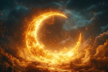 Obraz premium Luminous Crescent Moon Piercing Through a Dramatic Cloud-Laden Sky