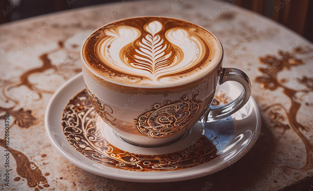 Poster a cup of coffee with a leaf design on the side sits on a white plate. the cup is filled with a layer