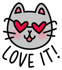 Sticker with cat in heart-shape glasses text love it!