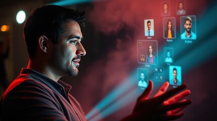 Warm terracotta and chilly teal contrast, and visible light beams through dust or fog highlight a man interacting with changing social media profiles thanks to volumetric lighting.